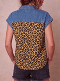 Women's Short-sleeve Casual Top: Loose-fit Denim-paneled Shirt With Leopard Print