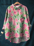 Vintage Lovely Floral Art Print Casual Cotton And Linen Shirt