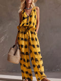 Women's Plaid-print V-neck Sleeveless Casual Loose Cotton-linen Top & Elastic-waist Wide-leg Pants Set