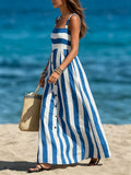 Women's Bohemian-style Sleeveless Spaghetti-strap Single-breasted Vertical-stripe Linen Maxi Dress