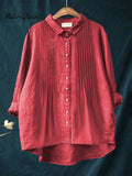 Women's Casual Solid Color Pleated Cotton And Linen Shirt