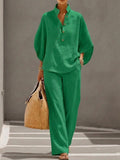 Casual Batwing Sleeve Linen And Cotton Shirt And Trousers Two-piece Set