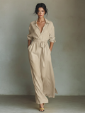 Women's Beige Linen Fabric Shirt Maxi Dress With Self-Tie Belt & Side Slit MDZ2103A1T