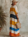 Artistic Vacation Rainbow-striped Cotton-linen Dress