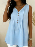 Women's V-neck Pleated Solid-color Sleeveless Top