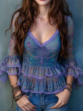 Bohemian Art Print Chiffon Top With Lace Trim