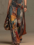 Mixed Cotton Oil Painting Print Halter Neck Front-ruched High-waist High-stretch Draping Wide-leg Jumpsuit