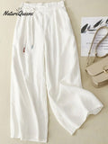 Women's Literary Solid Color Cotton and Linen Wide-leg Pants Cropped Pants