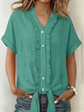 Women's Solid-Color Cotton-Linen Casual Short-Sleeve Button-Down Shirt with Ruffled Trim
