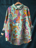 Vintage Lovely Rainbow Dogs Art Print Casual Cotton And Linen Shirt