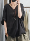 Women's Solid-color V-neck 3/4-sleeve Casual Loose Cotton-linen Top