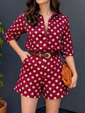 Women's Polka Dot Print Lapel Shirt With 3/4 Sleeves (casual, Loose Fit) & High-waisted Wide-leg Shorts — Cotton-linen Matching Set