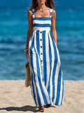 Women's Bohemian-style Sleeveless Spaghetti-strap Single-breasted Vertical-stripe Linen Maxi Dress