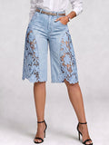 Women's High-waisted Cutout Lace Loose-fit Wide-leg Denim Shorts