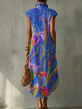 Artistic Floral Decorative Patterns Women's No Sleeve Bud Collar Linen Cotton Dress