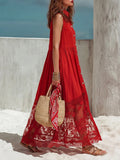 Red Textured Cotton-linen Button-front Lace Spliced Sleeveless Shirt Maxi Dress