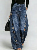 Printed Curved-leg Jeans With Metal Ring Accents