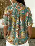 Women's Vintage Botanical Floral Casual Polo Collar Short-sleeved Linen And Cotton Shirt