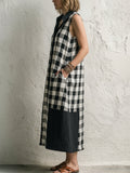 Black & White Gingham Patchwork Sleeveless Linen-cotton Shirt Dress