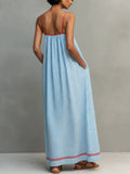 Women's Striped Print Square-neck Sleeveless Casual Loose-fit Cotton-linen Sundress