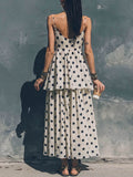 Women's Polka Dot Print Cotton-linen Set: V-neck Sleeveless Loose-fit Camisole & High-waisted A-line Skirt