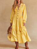 Vintage-style V-neck Ruffled Cotton And Linen Midi Dress