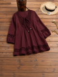 Lace-paneled Cotton-linen Top With Tie Detail — Loose-fit, Three-quarter Sleeve, Cotton-feel Fabric