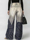 Women's Abstract Line Art Print Casual Stylish Hollow Denim Pants