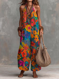 Women's Abstract Print V-neck Sleeveless Casual Loose-fit Cotton-linen Wide-leg Jumpsuit