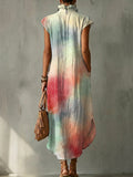 Gradient Decorative Pattern Women's No Sleeve Bud Collar Linen Cotton Dress
