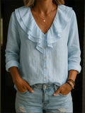 Women's Ruffled Collar Linen And Cotton Shirt