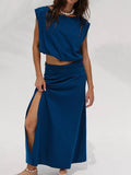 Women's Solid-color Casual Vacation Two-piece Set: Slit Skirt & Sleeveless Shirt