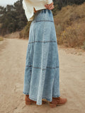 Washed Denim A-line Maxi Skirt With Elastic Waist, Button Placket, And Paneled Design
