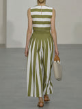 Women's Striped Cotton Two-piece Set: Crew Neck Sleeveless Loose-fit Top & High-waisted Wide-leg Pants