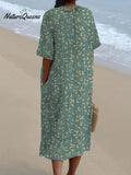 Women's Vintage Floral Art Print Pocket Linen Dress（Convertible Dress With Front And Back Option）