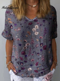 Women's Floral Art Print Casual Cotton And Linen Shirt