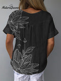Line Drawing Water Lily Art Printed Women's Casual Cotton And Linen Shirt
