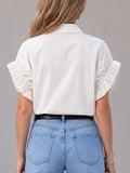 Women's Solid-color Short-sleeve Casual Loose Cotton Cardigan With Shirt Collar