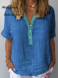 Women's Vintage Colorblock Striped Art Print Casual Linen V-neck Shirt