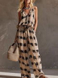 Women's Plaid-print V-neck Sleeveless Casual Loose Cotton-linen Top & Elastic-waist Wide-leg Pants Set
