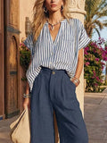 Women's Art Striped Comfortable Casual Top And Pants Cotton Linen Two-piece Set