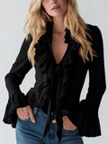 Women's Solid Color V-neck Puff Sleeve Ruffle Shirt