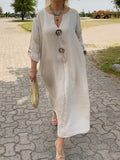 Women's V-Neck Button Detail Imported Cotton Linen Pocket Dress