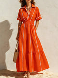 Women's Orange and White Color-Block Vacation Style Cotton-Linen Shirt Dress