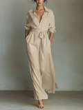 Women's Beige Linen Fabric Shirt Maxi Dress With Self-Tie Belt & Side Slit MDZ2103A1T