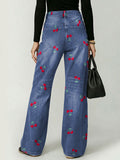 Vintage Cherry Decorative Pattern Women's Casual Cotton Denim Pants