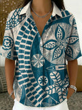 Retro Ethnic-style Short-sleeve Shirt With Geometric Line Print And Turn-down Collar