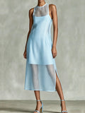 Stylish Paneled Organza, Linen, And Cotton Sleeveless Dress