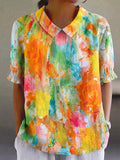 Retro Watercolor Floral Cotton-linen Short-sleeve Shirt