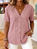 Women's Solid-color V-neck Short-sleeve Casual Loose Cotton-linen Top